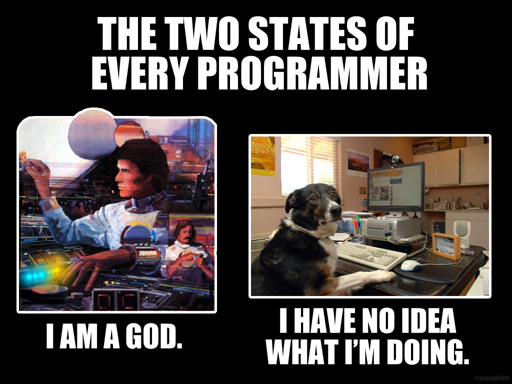 A popular coding meme showing the feeling of I am a god or I have no idea what I am doign
